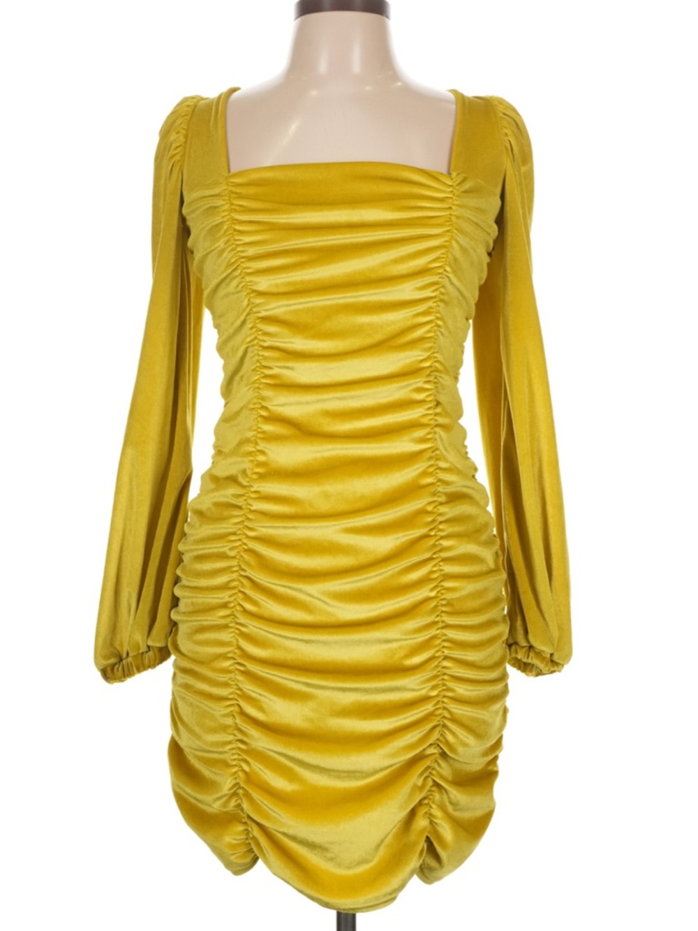 Yellow Ruched Bodycon Mini Dress Long Sleeve Tie Back Party Dress velvety soft